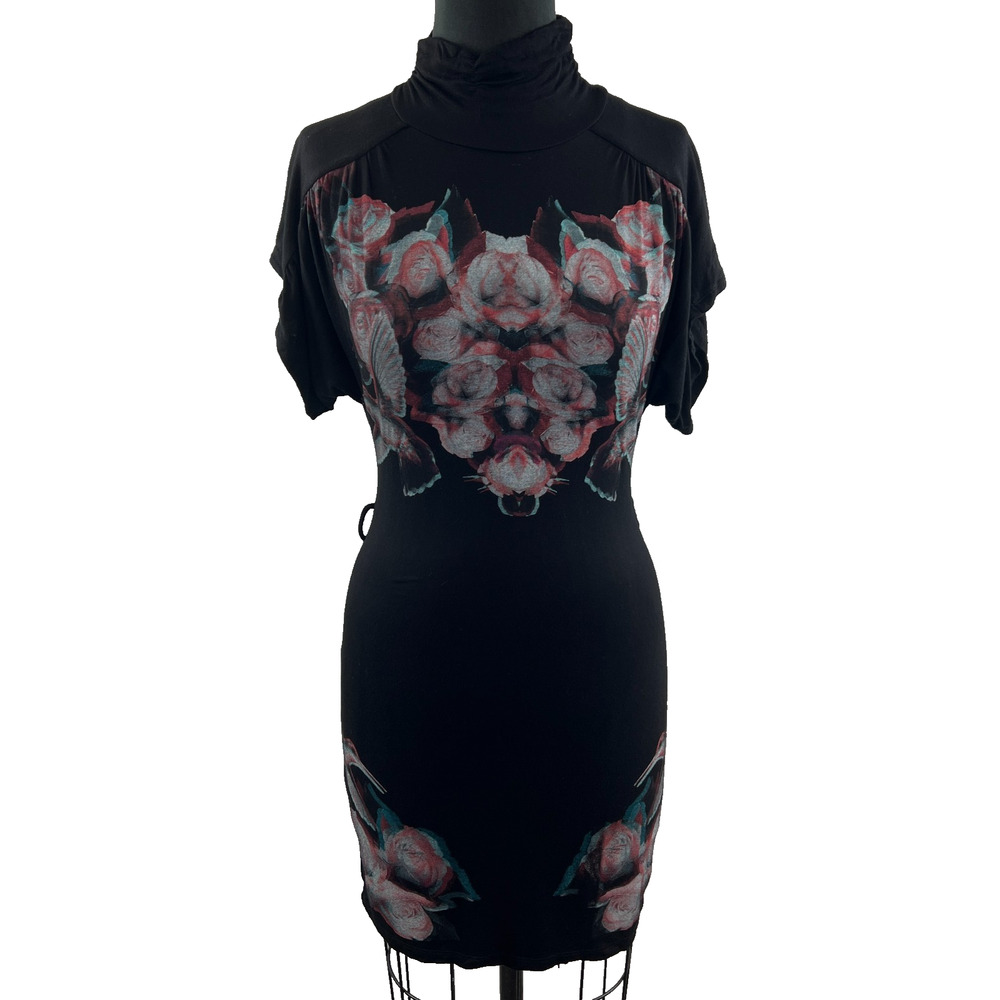 Trash & Luxury Black Rose Print TurtleNeck Tunic Top Dress Size M Medium